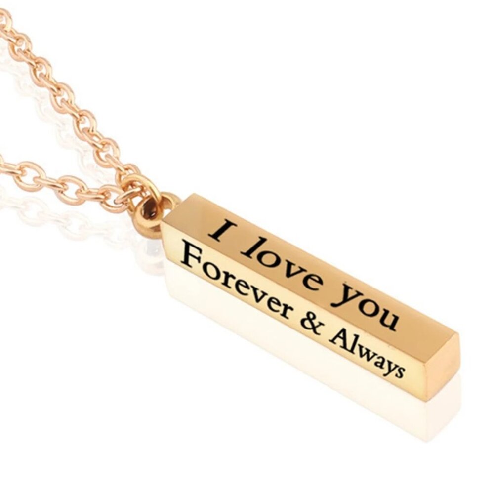 Gold Column Bar Necklace I Love You Forever & Always Romantic Pendant Gift